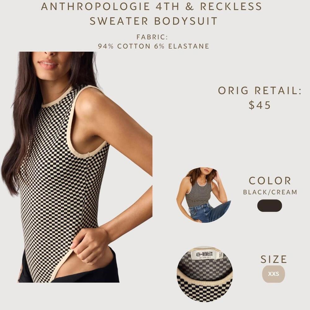 Anthropologie 4th & Reckless Checkered Knit Bodysuit Black Cream XXS